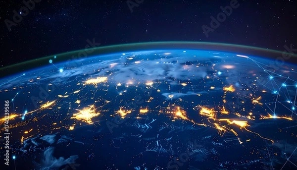 Fototapeta Earth at night with city lights and a network of data connections
