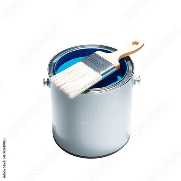 Fototapeta Photo of white paint can with brush isolated on transparent background