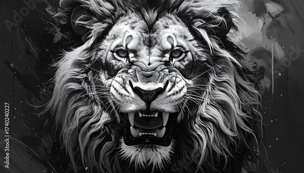 Fototapeta Dramatic Black and White Portrait of a Roaring Lion, Powerful and Majestic