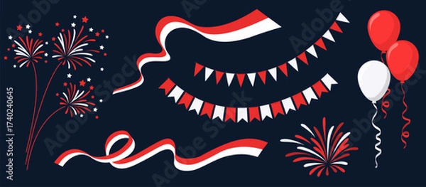 Fototapeta Festive garlands of flags, ribbons, balloons, and fireworks in red and white. The red and white Indonesian flag.