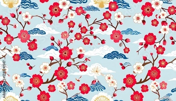 Obraz Elegant Japanese Floral Pattern: Cherry Blossoms and Mountain Scenery Design