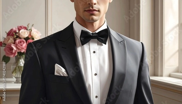Fototapeta Elegant man in tuxedo with a bow tie, ready for a special event or wedding