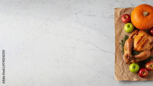 Fototapeta Roasted turkey with apples and pumpkin top view on marble background (copy space)