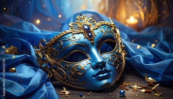 Fototapeta Elegant Venetian Mask on a Blue Fabric Background with Bokeh Lights