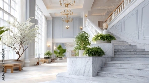 Fototapeta Elegant lobby design featuring a grand staircase, abundant natural light, and lush greenery, creating a serene and inviting atmosphere for visitors and guests to enjoy.