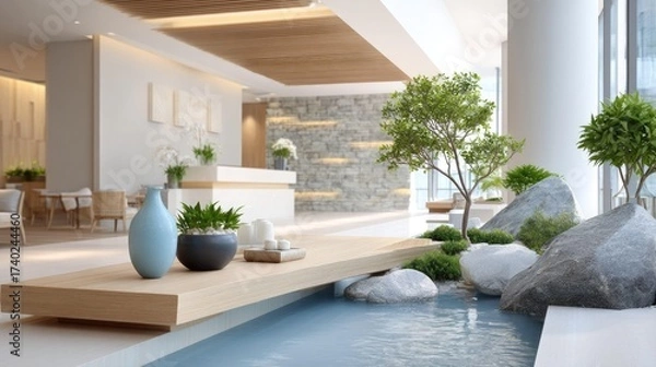 Fototapeta Luxurious modern lobby design featuring serene water elements, lush greenery, and a minimalist aesthetic, creating an inviting atmosphere in a contemporary building.