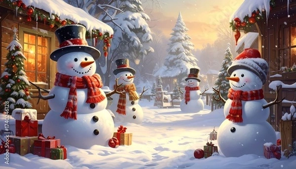Fototapeta Festive Snowman Scene with Christmas Decorations and Gifts in the Snow