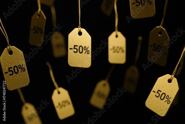 Fototapeta Discount sale tags announcing fifty percent off for various products in a dark background setting