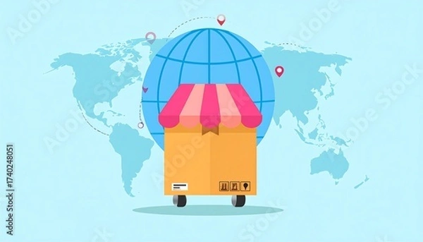 Fototapeta Global E-commerce and International Shipping Concept with World Map Background