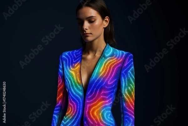 Fototapeta Brightly colored fashion display featuring a model in a vibrant light-up suit presenting a unique artistic style