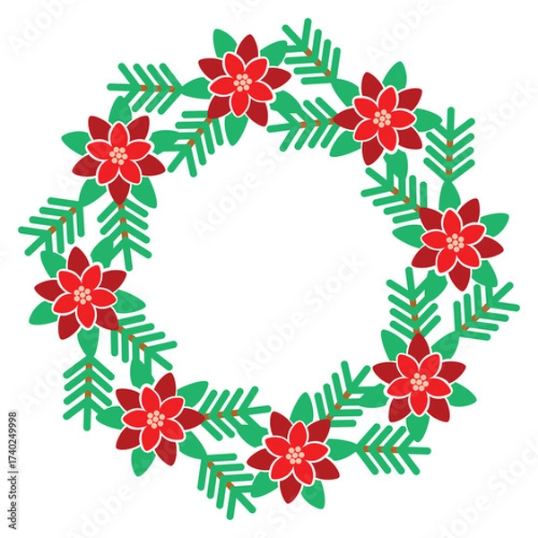 Fototapeta Christmas wreath with poinsettia and fir branches. Floral round frame with cartoon objects. Red and green colors on white background. Festive border with copy space. Vector design for winter holidays.