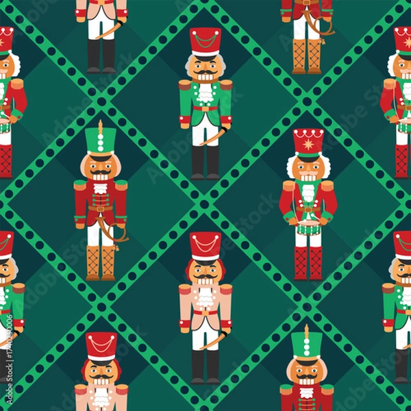 Fototapeta Christmas seamless pattern with nutcracker. Magical characters in uniform, with a saber, drum, and signal horn. Geometric background with diamonds and diagonal stripes. Vector design in flat colors.