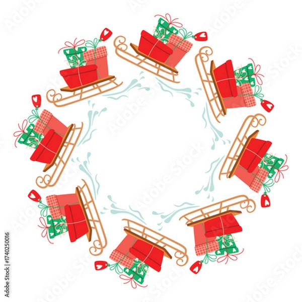 Fototapeta Sled with gift boxes round frame. Christmas border  with cartoon sleigh and packaging with bows. Red, green, brown and pink colors on white background. Copy space. Festive vector design in flat.