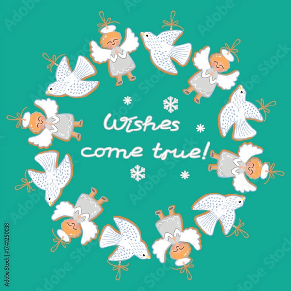 Fototapeta Wishes come true! poster with christmas angel, dove, snowflakes and hand written text. Round frame with cartoon objects on blue background. Winter holidays card. Vector design in flat colors.