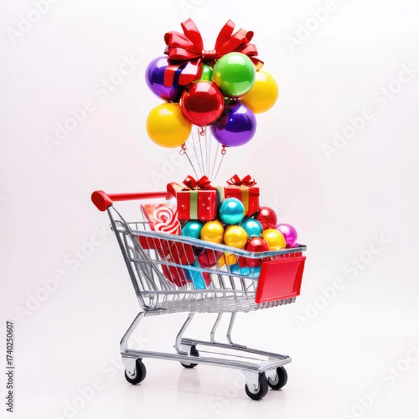 Fototapeta Shopping cart loaded with gifts and ornaments with colorful balloons tied above