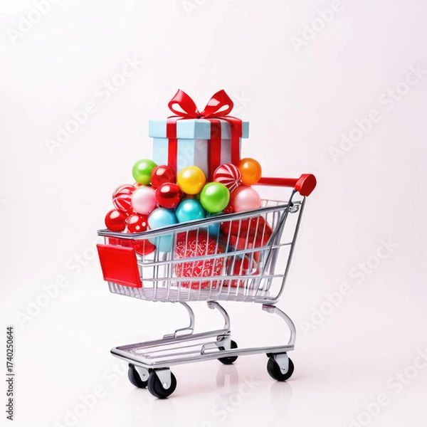Obraz Shopping cart filled with various colorful ornaments and a blue gift box