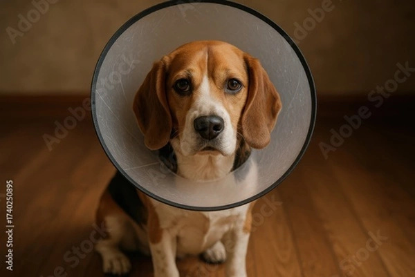 Fototapeta Beagle wearing cone at home during recovery after surgery in warm indoor setting with soft lighting