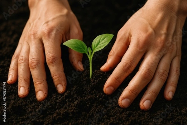 Fototapeta Hands planting a small green seedling in dark soil during daylight, showcasing the process of nurturing new life in a garden setting
