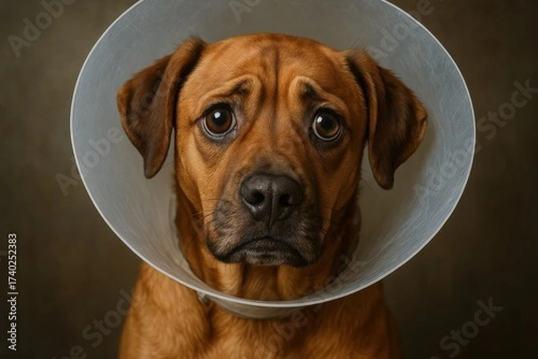Fototapeta Dog wearing a protective collar looks concerned while sitting indoors before recovery after a procedure
