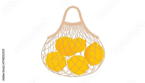 Fototapeta Illustration of a Mesh Bag Filled with Fresh, Ripe Lemons on a White Background