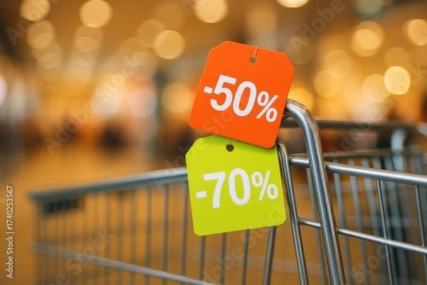 Fototapeta Discounts on sale tags displayed on a shopping cart in a retail store during a busy shopping season