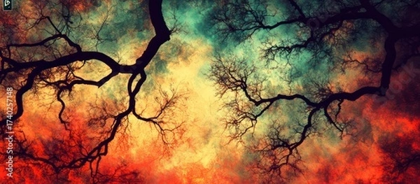 Fototapeta Forest trees burning at sunset