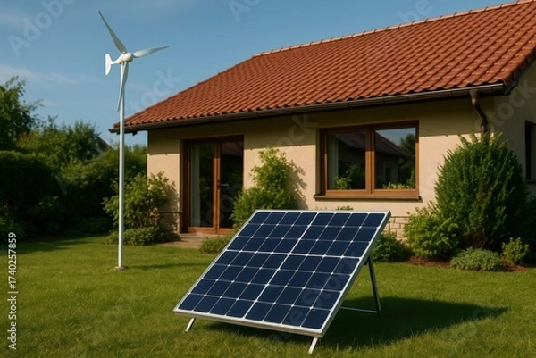 Fototapeta Modern home utilizes renewable energy with solar panels and wind turbine in a spacious green yard during a sunny day