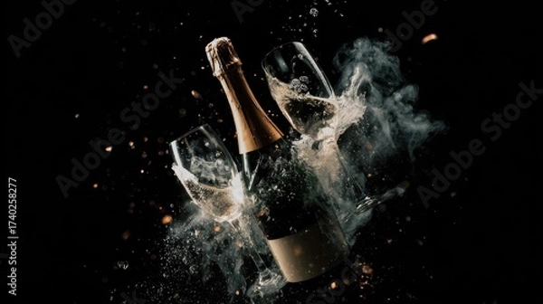 Fototapeta Champagne bottle and two fluted glasses in a dramatic celebration with bubbles and smoke