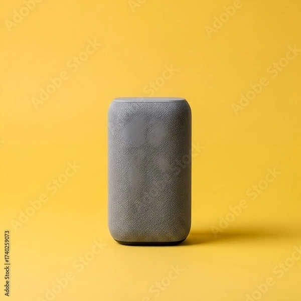 Obraz Sleek, unbranded matte grey minimalist smart speaker standing upright on a seamless vibrant yellow studio background with soft, diffused lighting highlighting its modern design and subtle textures.