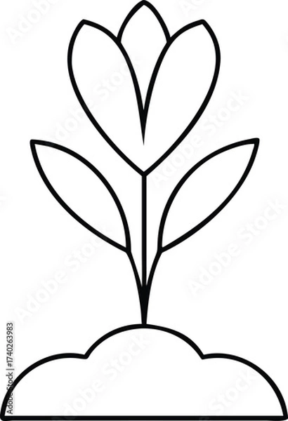 Fototapeta Vector art of a simple black and white line drawing of a flower growing from the ground