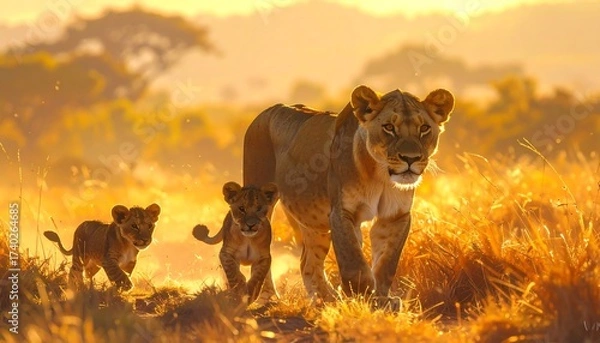 Fototapeta Lioness and Cubs Walking Through Golden Grass in African Safari at Sunset