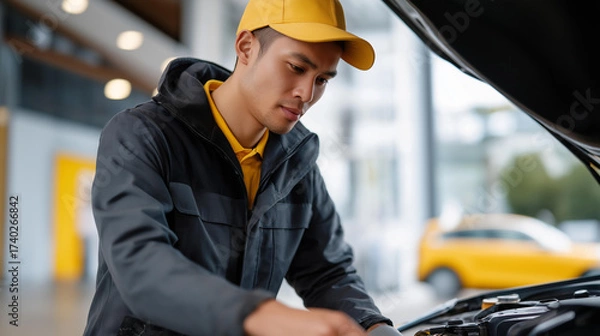 Fototapeta A mechanic inspecting oil levels and fluid systems under the hood reflects preventive maintenance, attention to detail, professional automotive care, and the critical importance of fluid system