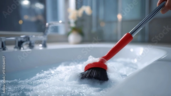 Fototapeta Pipe cleaner chemical solutions foaming inside a clogged bathtub highlight reactive cleaning, grease and debris breakdown, fast-acting household solutions, and the science behind effective drain