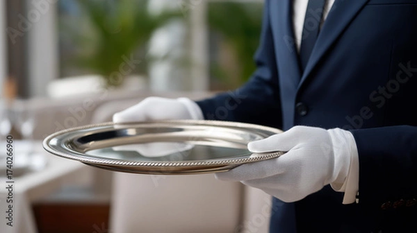 Fototapeta Refined service is expressed through gloved hands presenting a polished silver tray, symbolizing luxury hospitality, elegant etiquette, and the sophistication of formal gatherings. three-quarter