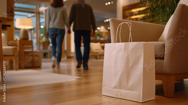 Fototapeta During a shopping day, a couple browses a furniture store, its wooden floor polished, examining a chair, its fabric soft. A paper shopping bag, its rim folded, holds catalogs, their pages creased,