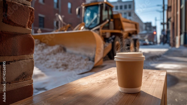 Fototapeta In a city alley, a snowplow, its blade scratched, pushes slush against brick walls, their mortar crumbling. A paper coffee cup, its lid warped, steams on a wooden crate, its grain scarred. Snow