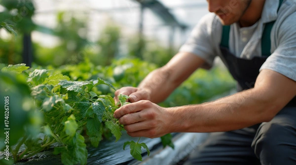 Fototapeta Gardener’s hands adjusting a greenhouse irrigation system showcase modern farming technology, sustainability, climate control, and efficient agricultural innovation. three-quarter wide angle,