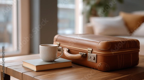 Fototapeta A writer, preparing for a retreat, adjusts a packed suitcase, its plastic shell scratched, in a city loft, its wooden floor polished. A leather-bound book, its cover worn, rests on a table, its