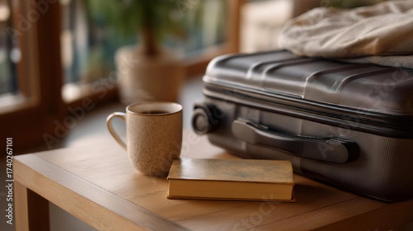 Fototapeta A writer, preparing for a retreat, adjusts a packed suitcase, its plastic shell scratched, in a city loft, its wooden floor polished. A leather-bound book, its cover worn, rests on a table, its
