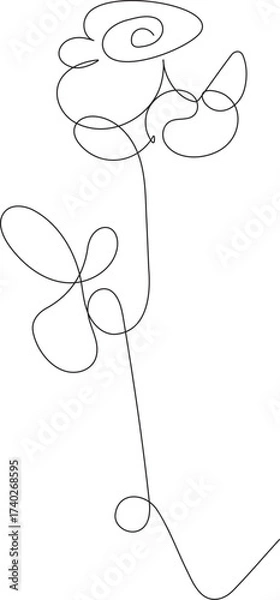 Fototapeta Elegant single line drawing of a blooming rose with a delicate stem and leaves