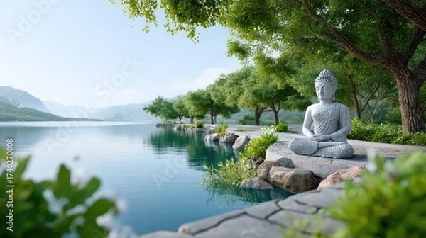 Fototapeta A serene Buddha statue sits peacefully by a tranquil lake, surrounded by lush greenery and majestic mountains, evoking a sense of calmness and spiritual reflection in nature's beauty.