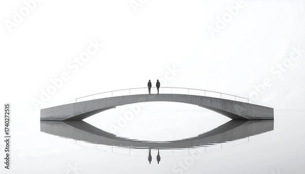 Fototapeta Minimalist bridge with two people in monochrome landscape reflecting in water