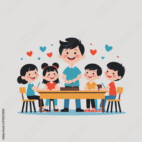 Obraz Teacher engaging with children at a desk in a colorful classroom  