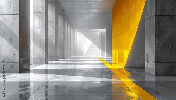 Fototapeta Modern Concrete Interior with Yellow Accent and Geometric Design