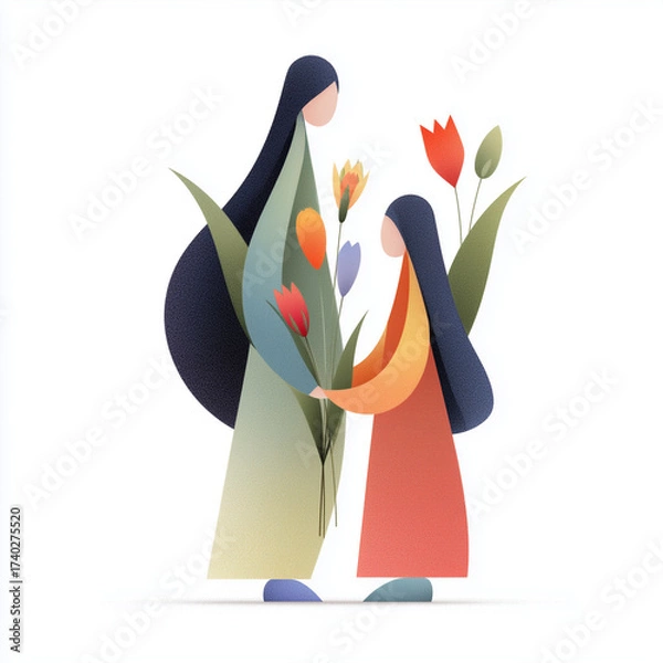 Obraz Mother and daughter exchanging flowers in colorful spring setting, concept of International Women’s Day  