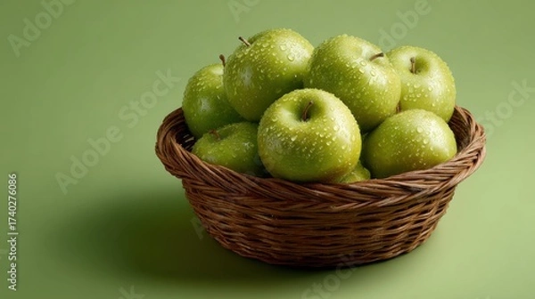 Fototapeta A basket of green apples on a table, solid color background, commercial photography, high resolution, high detail, studio lighting, studio shot, green background.