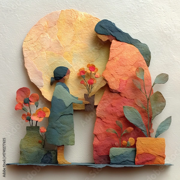 Obraz Child giving flowers to mother in warm, colorful paper art display - Concept of International Women’s Day  