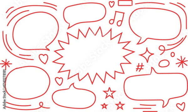 Fototapeta Doodle speech bubbles and shapes vector set red line art style