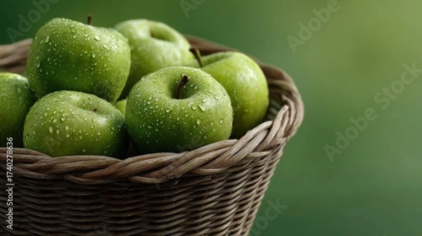 Fototapeta A basket of green apples, with water droplets on the apple surface, solid color background, light green gradient background, commercial photography, rendering. 