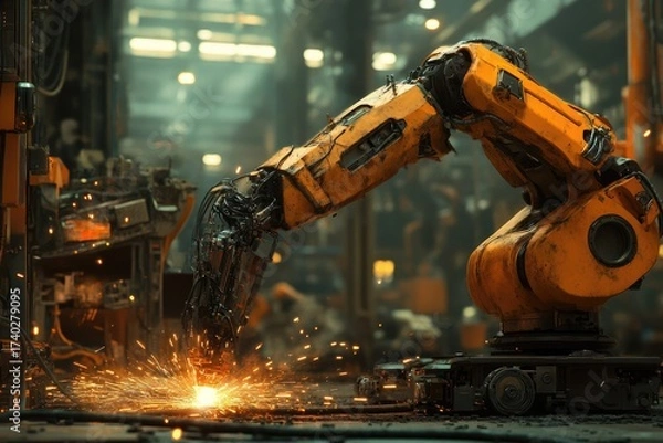 Fototapeta A robust industrial robotic arm, weathered orange, performs welding or grinding, emitting brilliant sparks in a dimly lit factory setting. Modern automation in action.